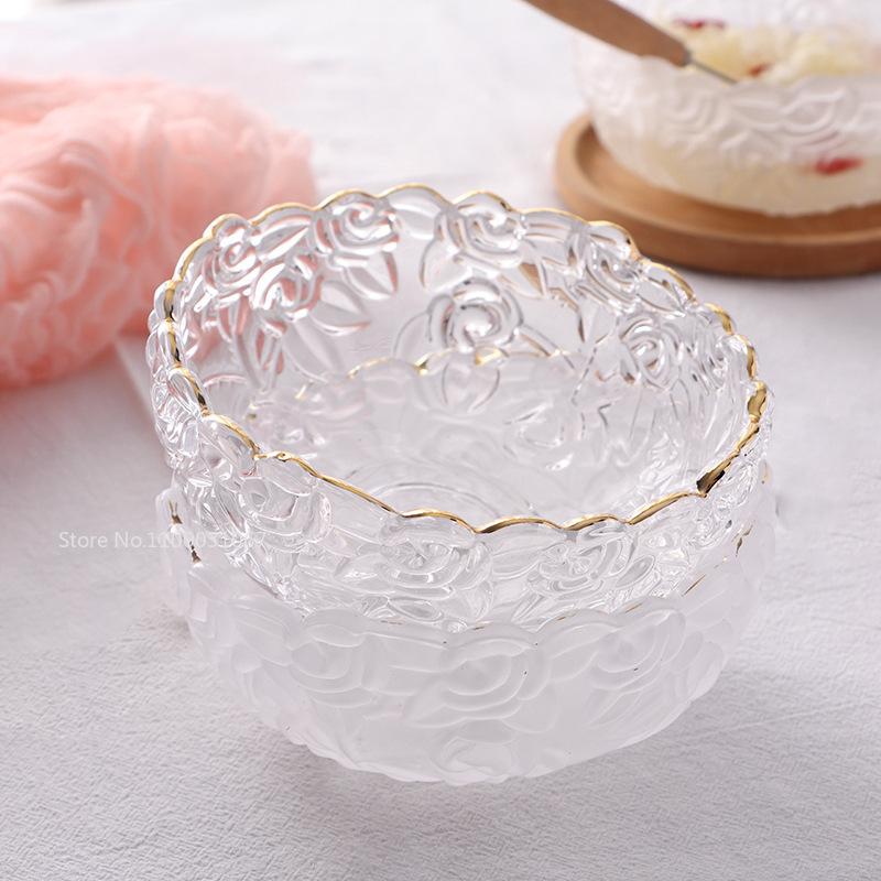 Vintage Engraving Transparent Glass Salad Bowl Golden Edge Dessert Fruit Oatmeal Bowl Kitchen Soup Noodle Bowl Relief Craft