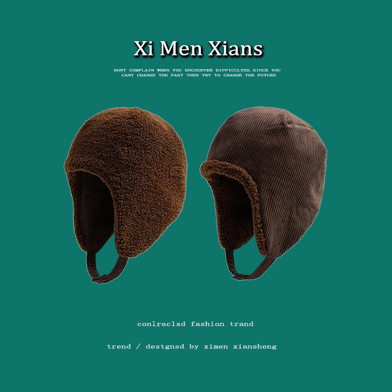 Corduroy Flying Hat Men and Women Autumn and Winter Lamb Wool Ear Hat Outdoor Cold Hat Cycling