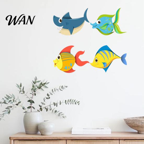Kids Room Wall Art 4 Pcs Wood Fish Nautical Decor, Ocean Shark Rustic Colorful Ornament Hanging Beach Cartoon Coastal for Living Room, Nursery Themed