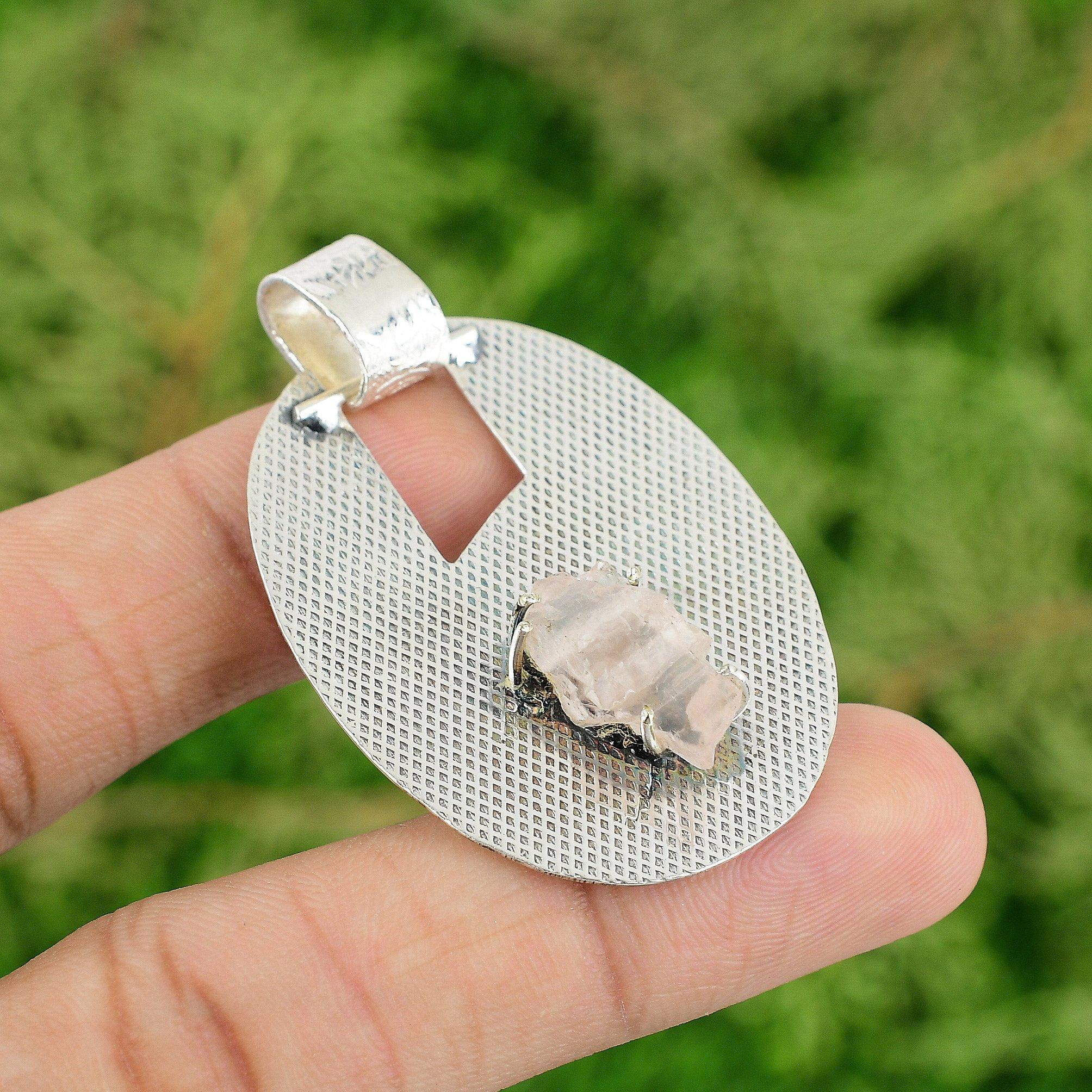 

Daughters Day Sale Rose Quartz Rough Gemstone Ethnic Pendant Jewelry 925 Silver
