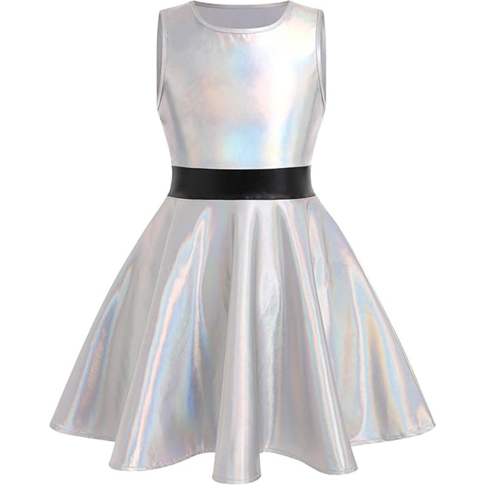 

Дівчаче металізоване вечірнє плаття без рукавів з круглим вирізом, А-силуету, з контрастною талією та потайною блискавкою, Хелловінський наряд 2-4 Years срібний