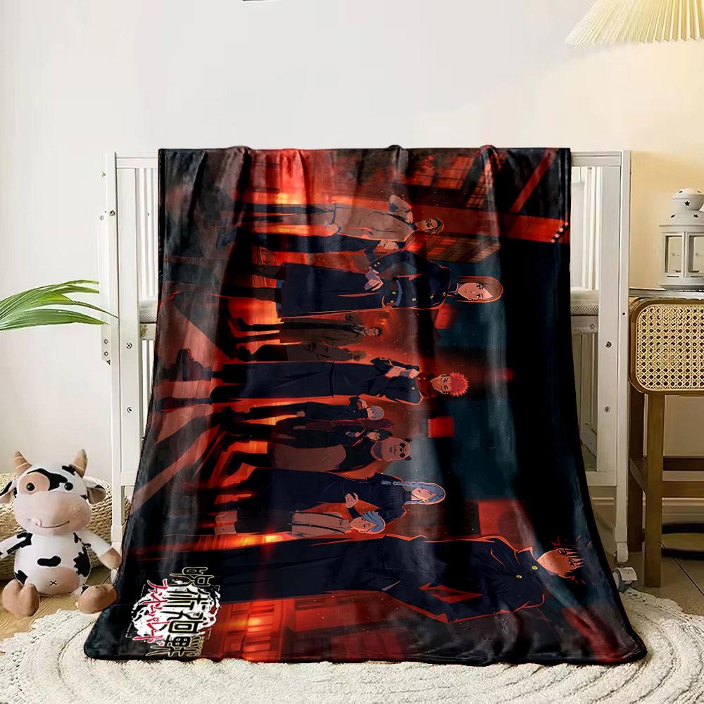 

A group of characters in dark outfits stands against a fiery urban backdrop. for all seasons blanket lunch break throw gift 80cm x 120cm
