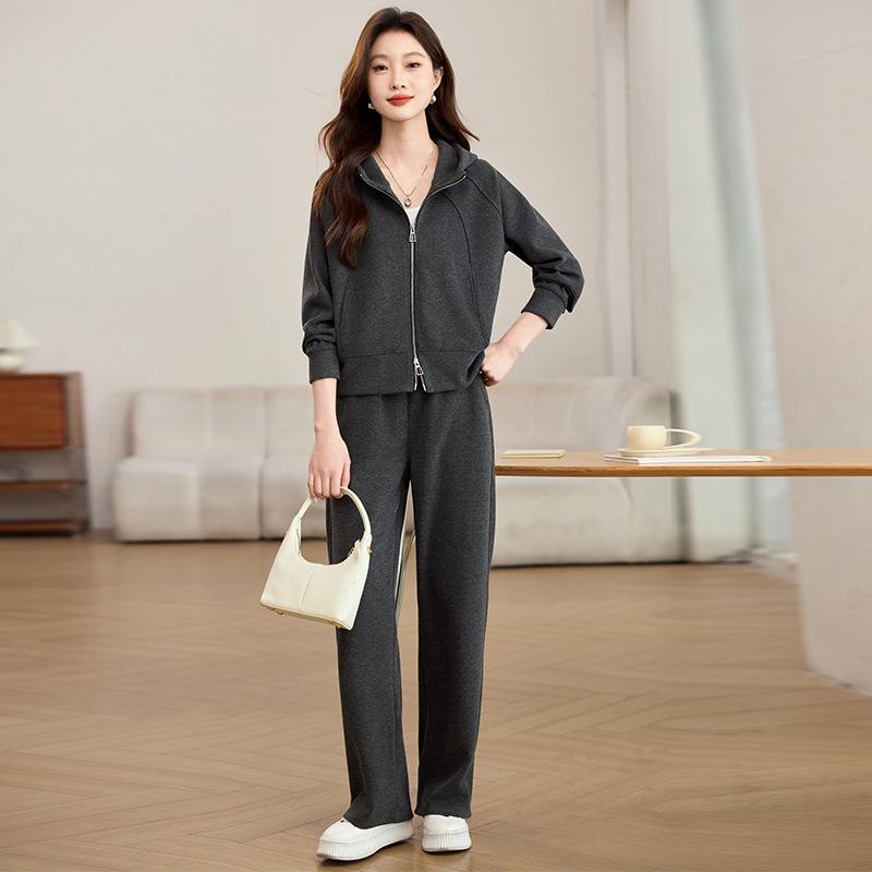 2025 Spring/Autumn Women's Petite Hooded Knit Tracksuit: Sweatshirt & Wide-Leg Pants Set