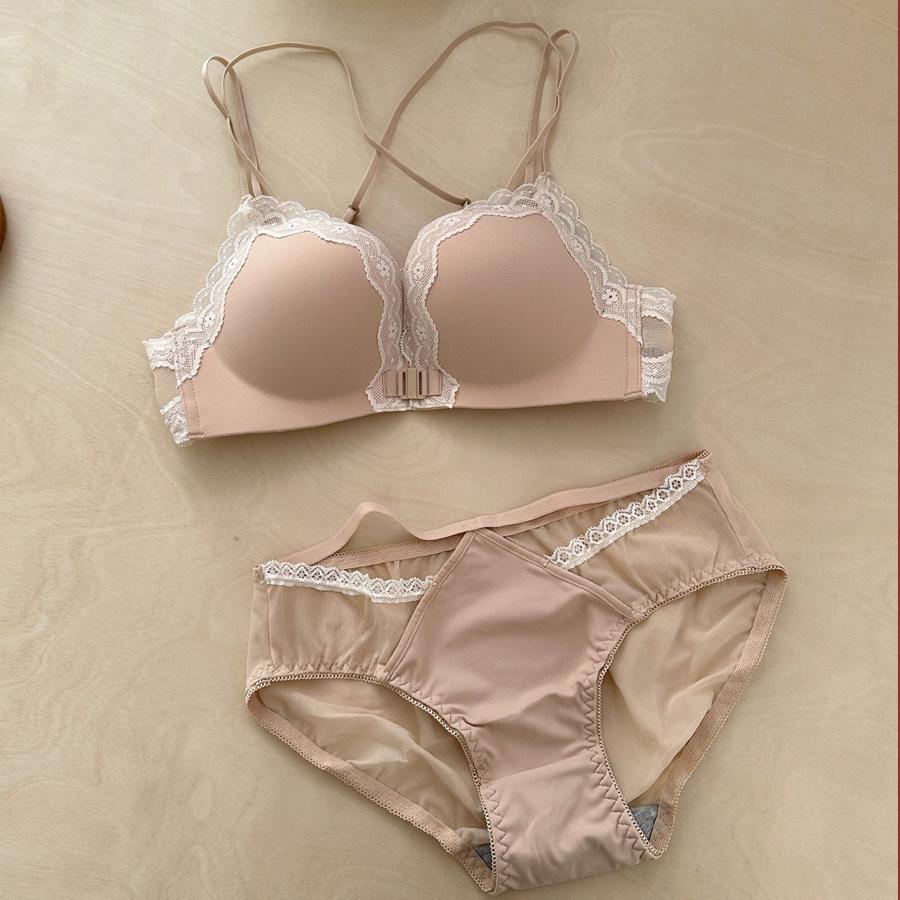 Pink leopard print front buckle underwear women's small breasts gather to prevent sagging, close sub-breasts, sexy pure lace beauty back bra