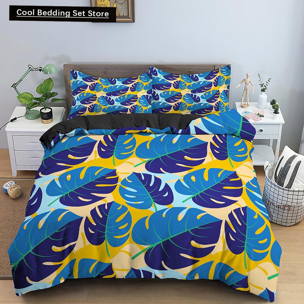 Floral King Queen Duvet Cover Fuchsia White Flower Bedding Set for Girl Women Colorful Plant Leaves 2/3pcs Polyester Quilt Cover