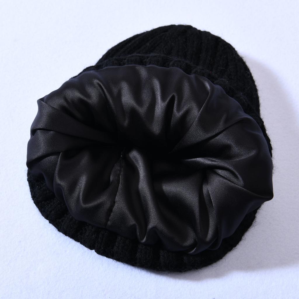 Versatile series big children's rabbit down knitted hat solid color lined outdoor satin lining wool hat warm ear protection