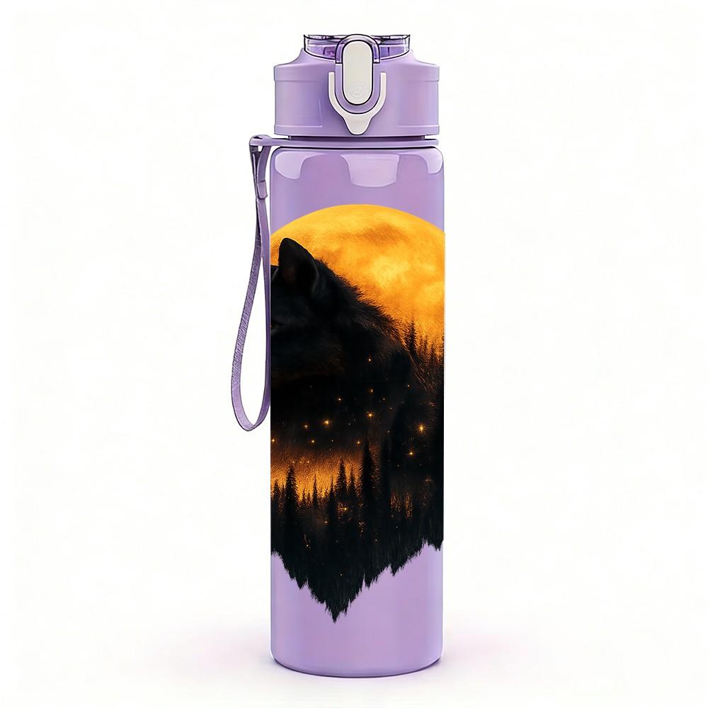 1PC Wolf Moon Dark Portrait 750ml Color Plastic Sports Water Bottle Leakproof Flip Straw Lid Suitable for Sports Office Home Use