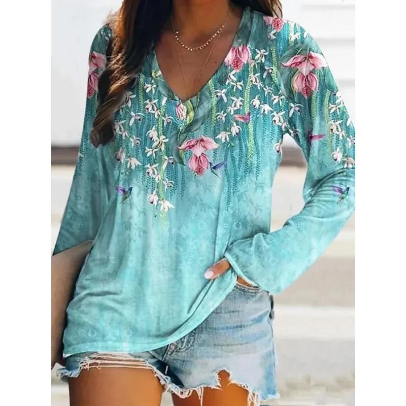 Spring and Autumn V-neck Flower Pattern 3D Printed Top Fashionable Casual Long Sleeved Women's T-shirts