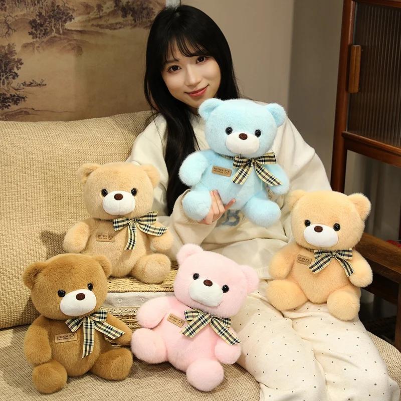 25cm Kawaii Colorful Bow Tie Bear Doll Plush Toy Stuffed Bear with Rose Animal Doll Birthday Gift Pillow for Girls Children