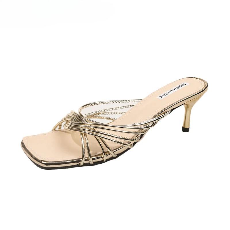 2025 New Summer Concise Narrow Band Women Slippers Fashion Thin Heels Party Pumps Mules Slide Shoes