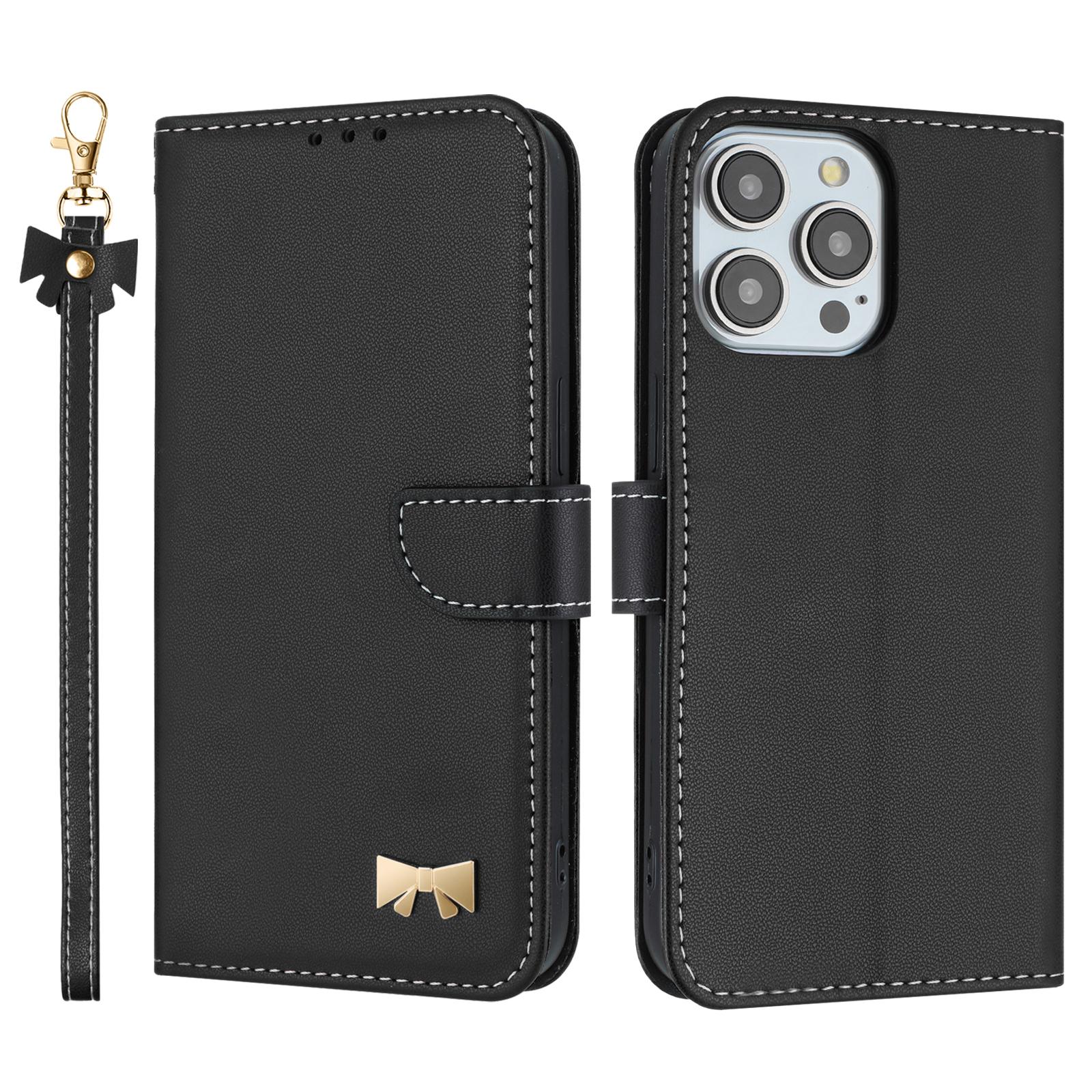 

For iPhone 15 Pro Max Case Bowknot Decor Wallet Leather Phone Cover with Wrist Strap Black