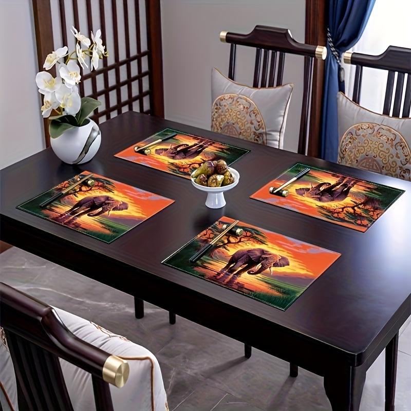 4pcs Set Sunset Elephant Linen Placemats - Non-slip and Heat-resistant Table Mats, Suitable for Restaurant and Kitchen Decoratio