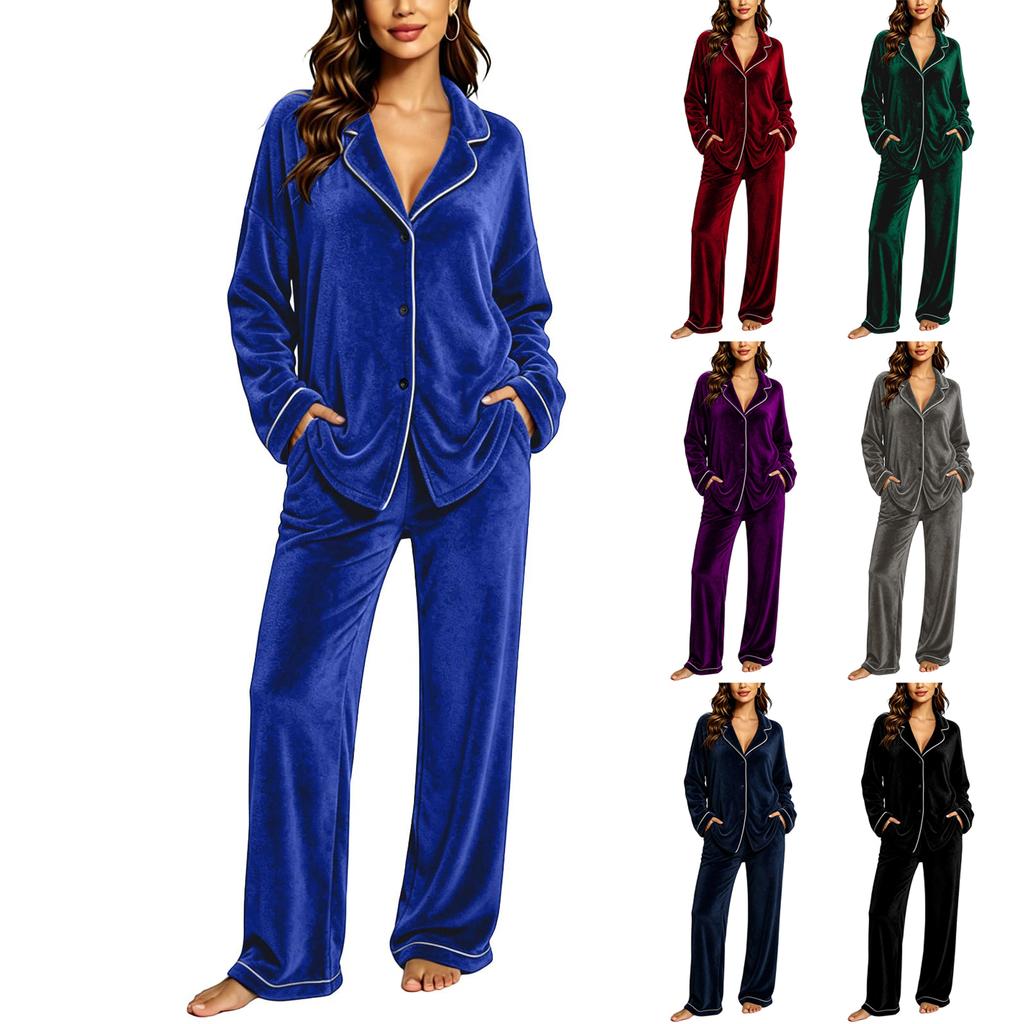 Women's Color Long Sleeve Pajama Set with Lapel Collar Top and Pants for Casual Loungewear