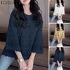 ZANZEA Women Round Neck 3/4 Sleeve Loose Casual Embroidery Patchwork Blouse