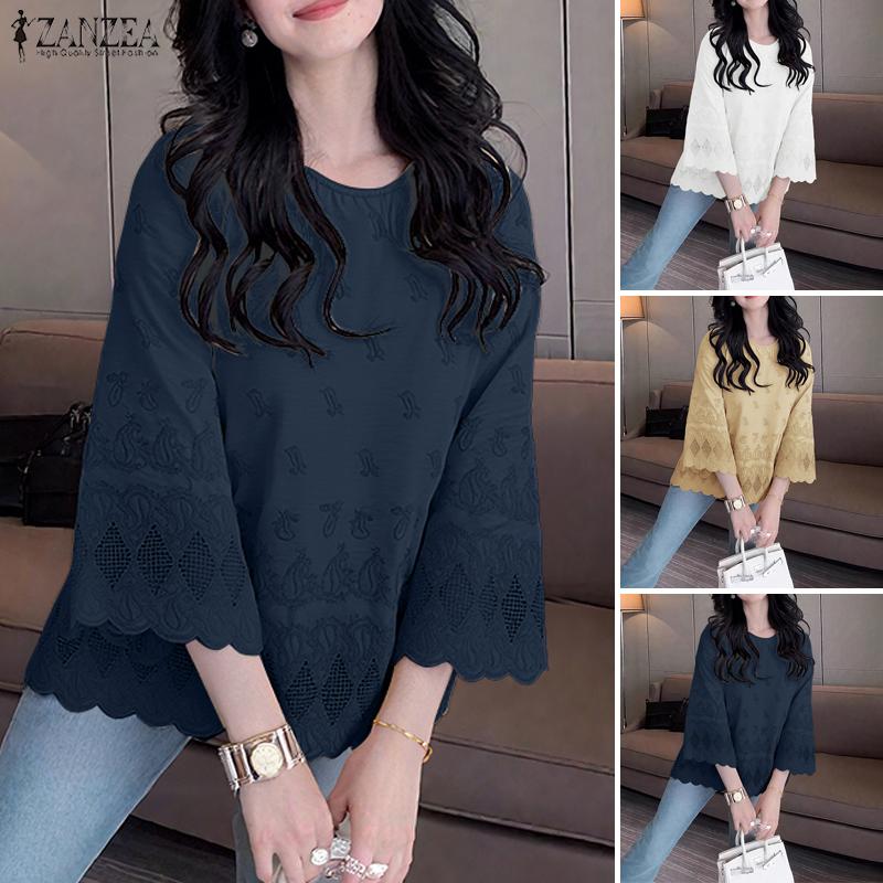 ZANZEA Women Round Neck 3/4 Sleeve Loose Casual Embroidery Patchwork Blouse