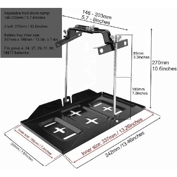 Car Battery Tray Kit 27cm Rack Black Stable Holder Adjustable Bracket Down Clamp Marine Durable Universal Auto Accessories Set