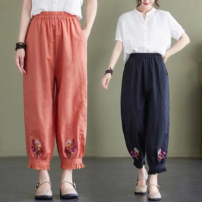Female Spring and Summer Chinese Cotton and Linen Thin Section Lantern Pants Casual Embroidery Nine-minute Pants