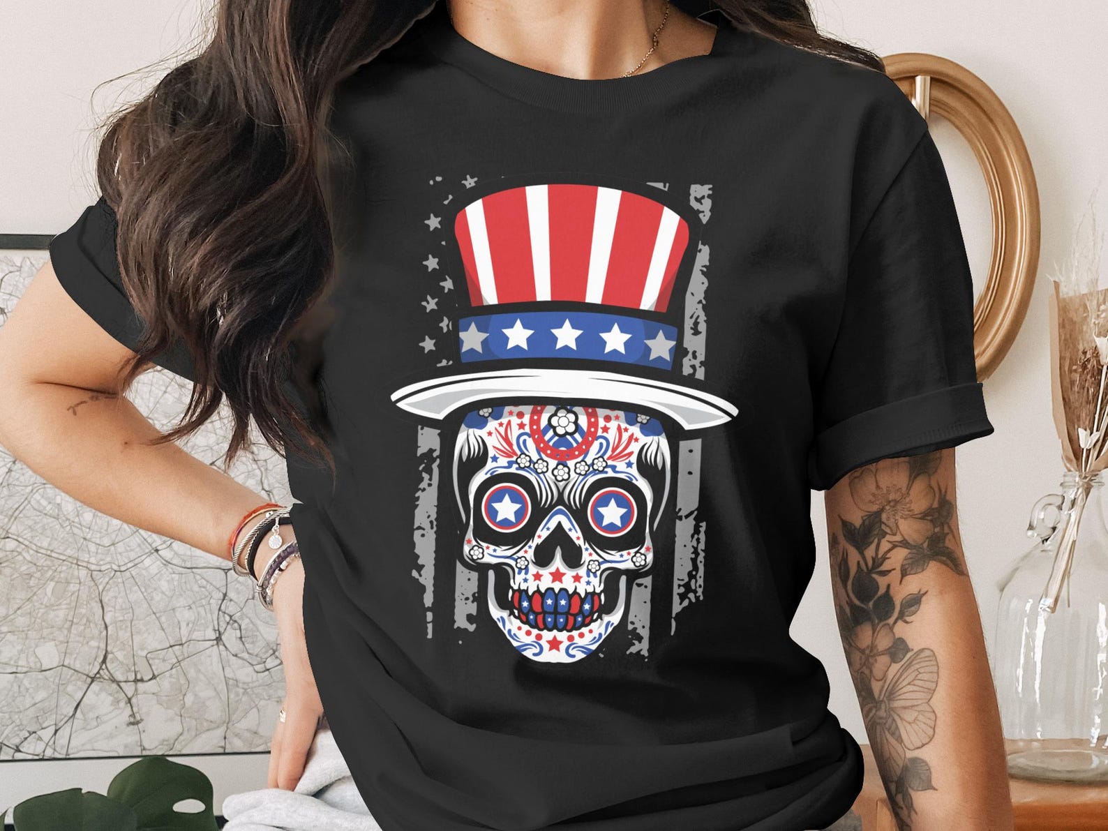 Patriotic Sugar Skull T-Shirt, Americana Day of the Dead Skull Tee, 4th of July Uncle Sam Skull Shirt, Edgy USA Flag Design, Unique Veteran M