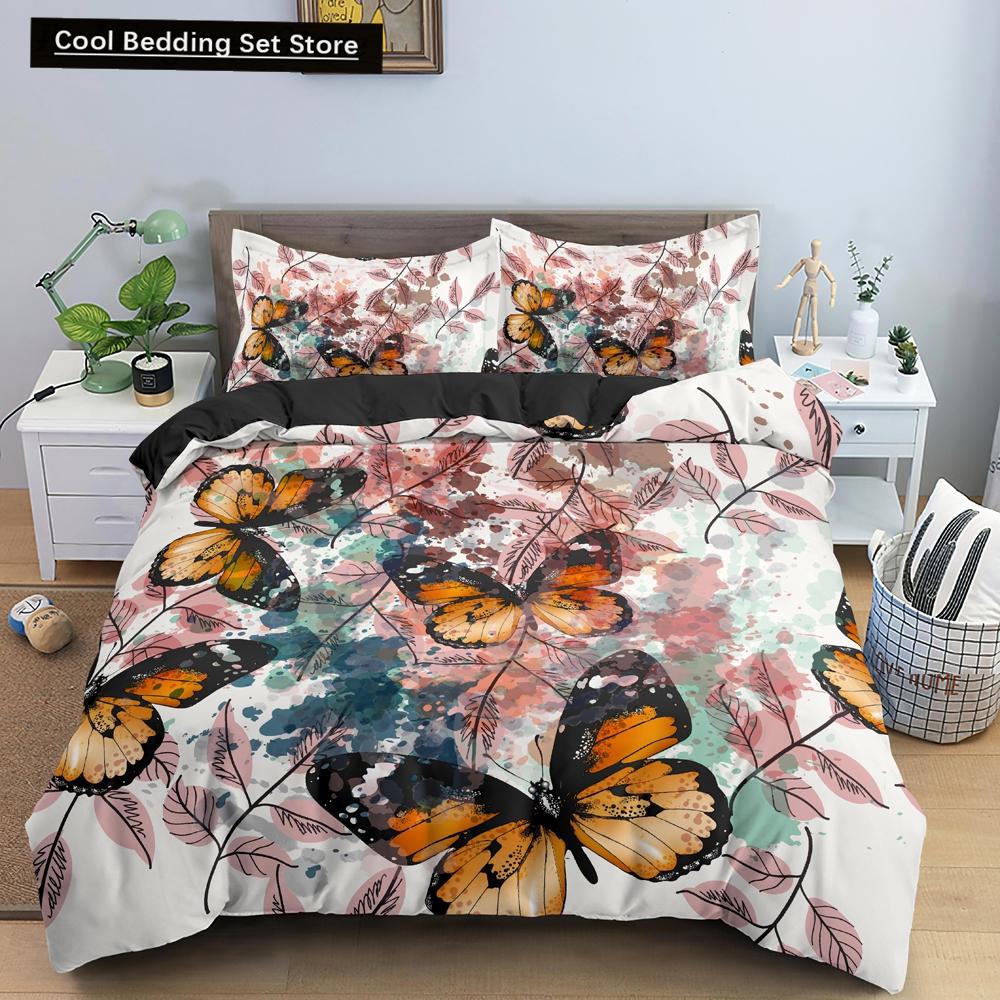Butterfly Duvet Cover King Queen Size Animal Floral Bedding Set for Teens Adults Beautiful Flower 2/3pcs Polyester Quilt Cover