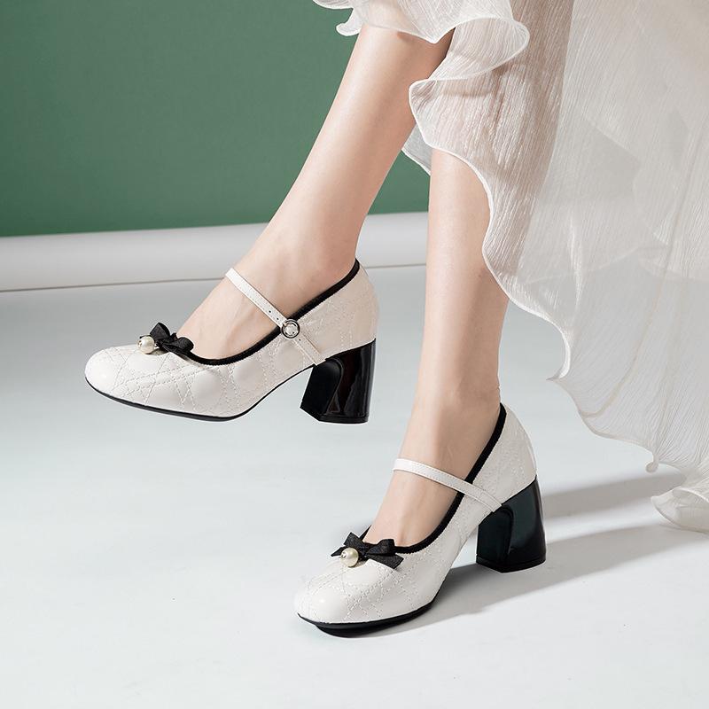 Red high heel light mouth single shoes women's summer bow princess high heels women's thick heel Mary Jane shoes women's spring