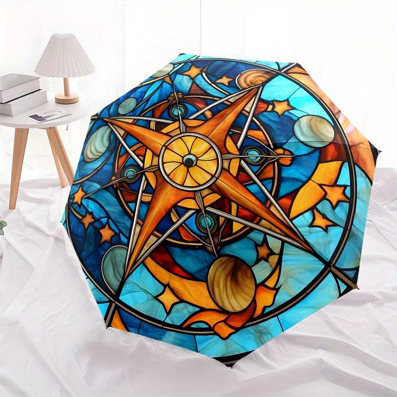Stained Glass Compass Rose Window Panel, Celestial Design for Home Decor Umbrella, Cute Umbrella with Cute Design, Portable 3-Fold Compact Umbrella fo