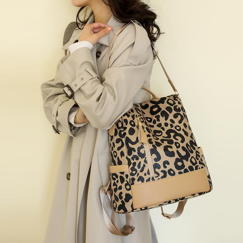 Rucksack Damen Ledertasche Große Kapazität Leopardenmuster Student Schultasche Damen Reiserucksack