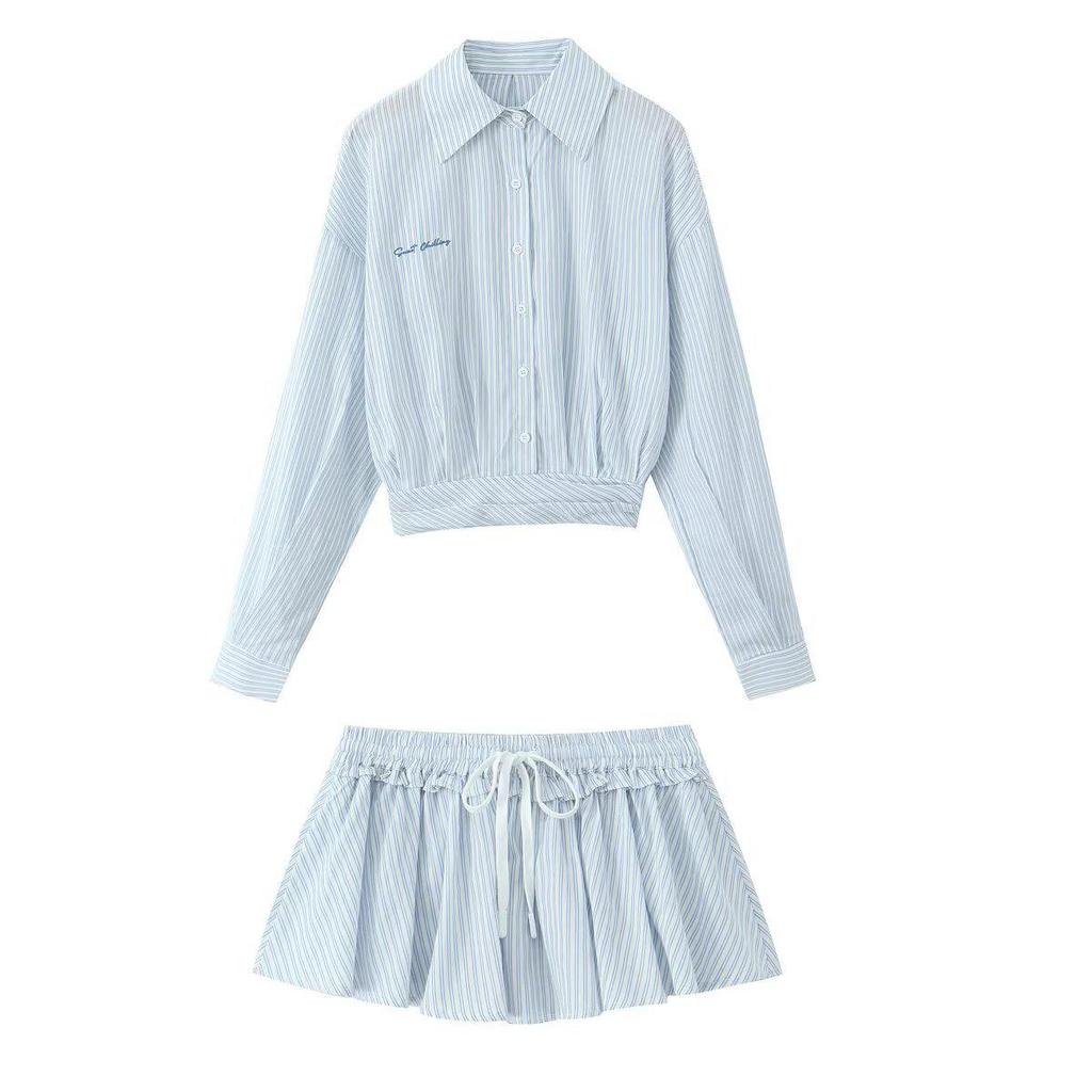 2025 Spring Women's European & American Striped High-Waisted Shirt with Shorts/Skirt Combo