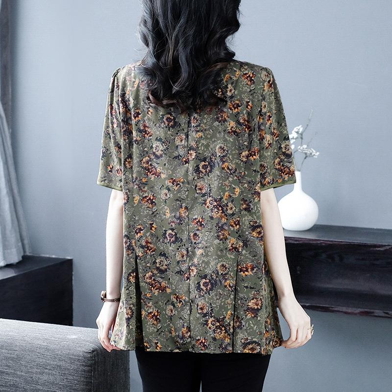 2025 Sommer Übergröße Chiffonbluse für Frauen mittleren Alters – Chinesischer Druck, Lässige Passform