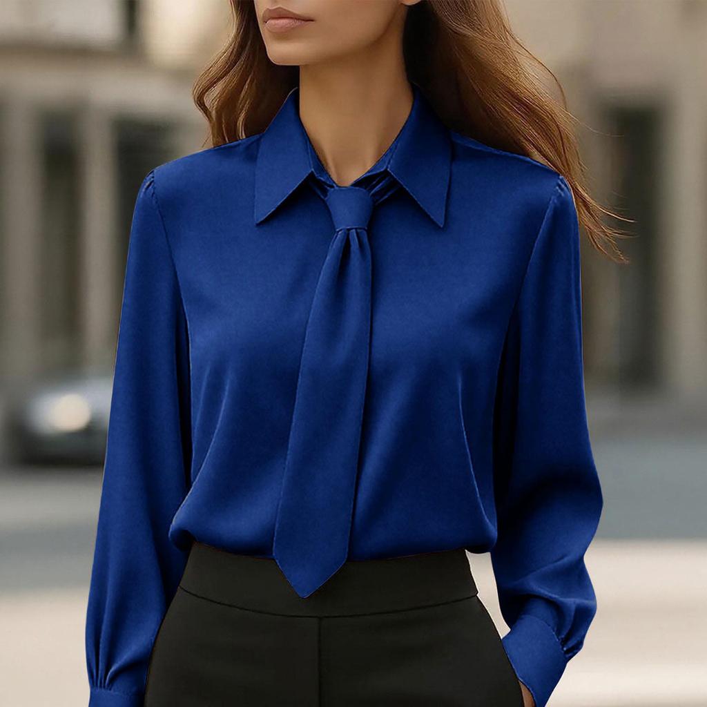 Women's Fashion -Color Button-Down Tie-Front Long-Sleeve Shirt Loose-Fit Top