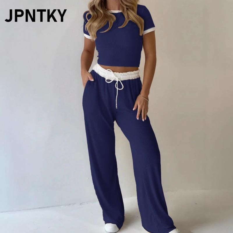 JPNTKY Women's Fashion Casual Short Sleeve O-Neck Pants Suits