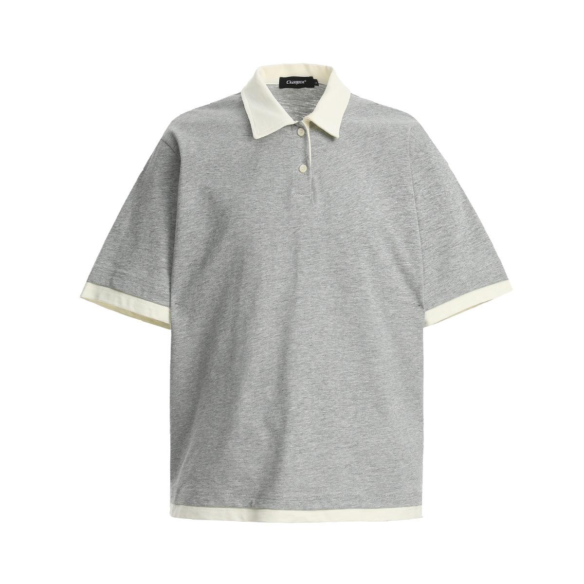 Men s Summer Short Sleeve T-Shirt Men s Simple American Retro College Style Lapel Polo Shirt Loose S серый