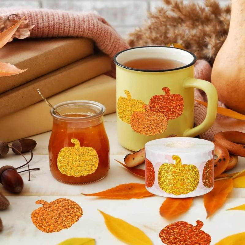 500 Stück/Rolle Halloween Kürbis Laser Aufkleber Thanksgiving Herbsternte Orange Kürbis Party Geschenkverpackung Box Dekoration Aufkleber