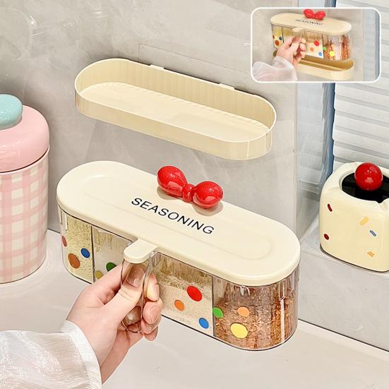 Cute Spice Container with Press-Type Lid Multi-Compartment Seasoning Box Wall-Mounted Kitchen Organizer for Salt Sugar Condiments