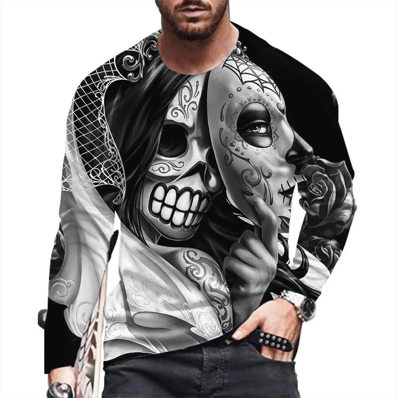 Autumn Winter Men's Christmas Pullover Long Sleeve Top Loose Fit Spring Skeleton Youth Men Round Neck Casual T-shirt