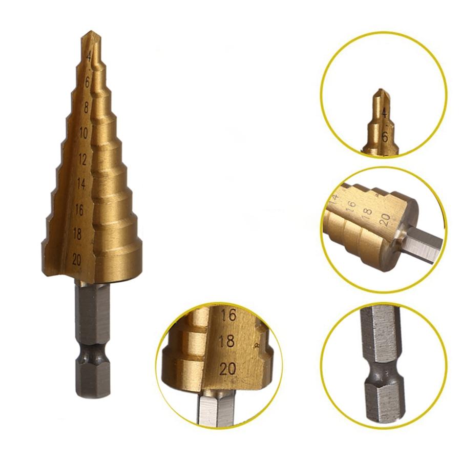 3Pcs HSS Sheet Metal Tools Drill 4-12/20/32mm Hex Titanium Step Cone Car Repair