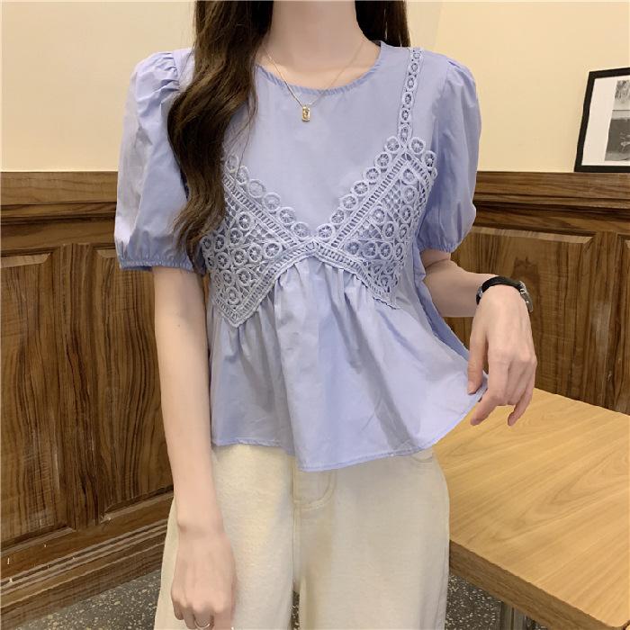 

Летняя женская элегантная шифоновая лоскутная футболка из двух частей, свободный топ M синий