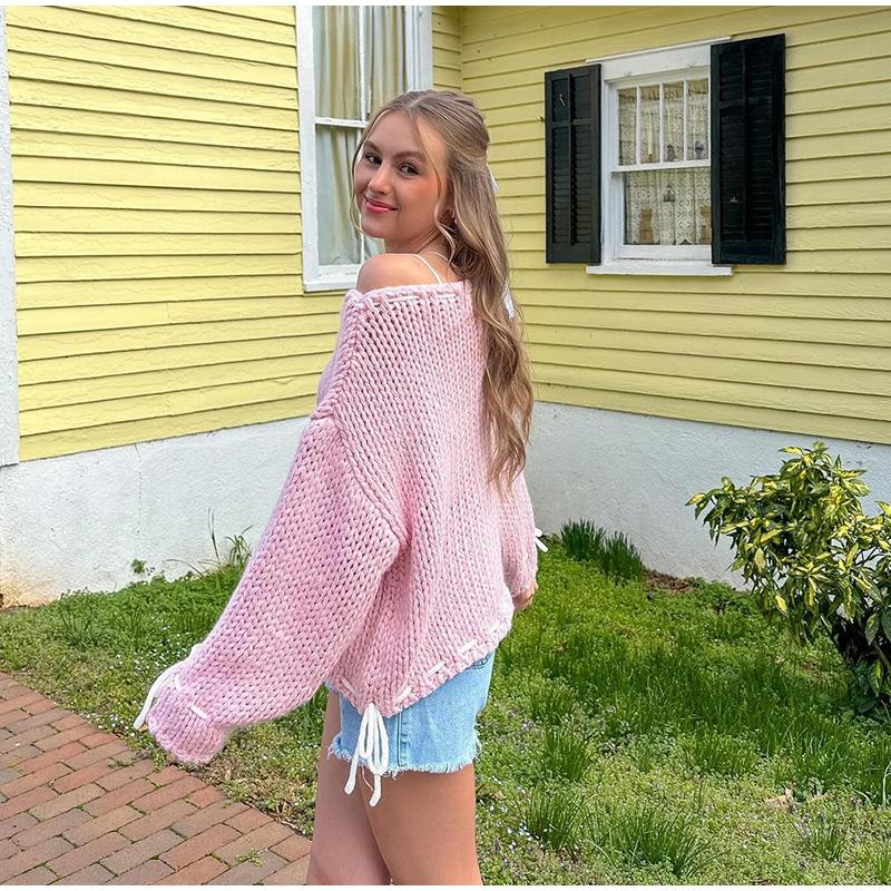 Повседневный свободный свитер женский модный бант на шнуровке косой воротник женский — фото 10