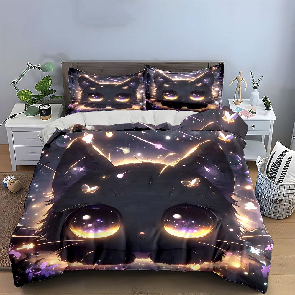 Adorable Fantasy Cat Night Decor Exquisite Three-Piece Bedding Set Gift For Kids And Adults