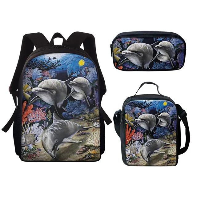 Cartoon Populair Nieuw Onderwaterwereld Walvis 3D Print 3 stuks Student Schooltassen Laptop Dagrugzak Rugzak Lunchtas Etui
