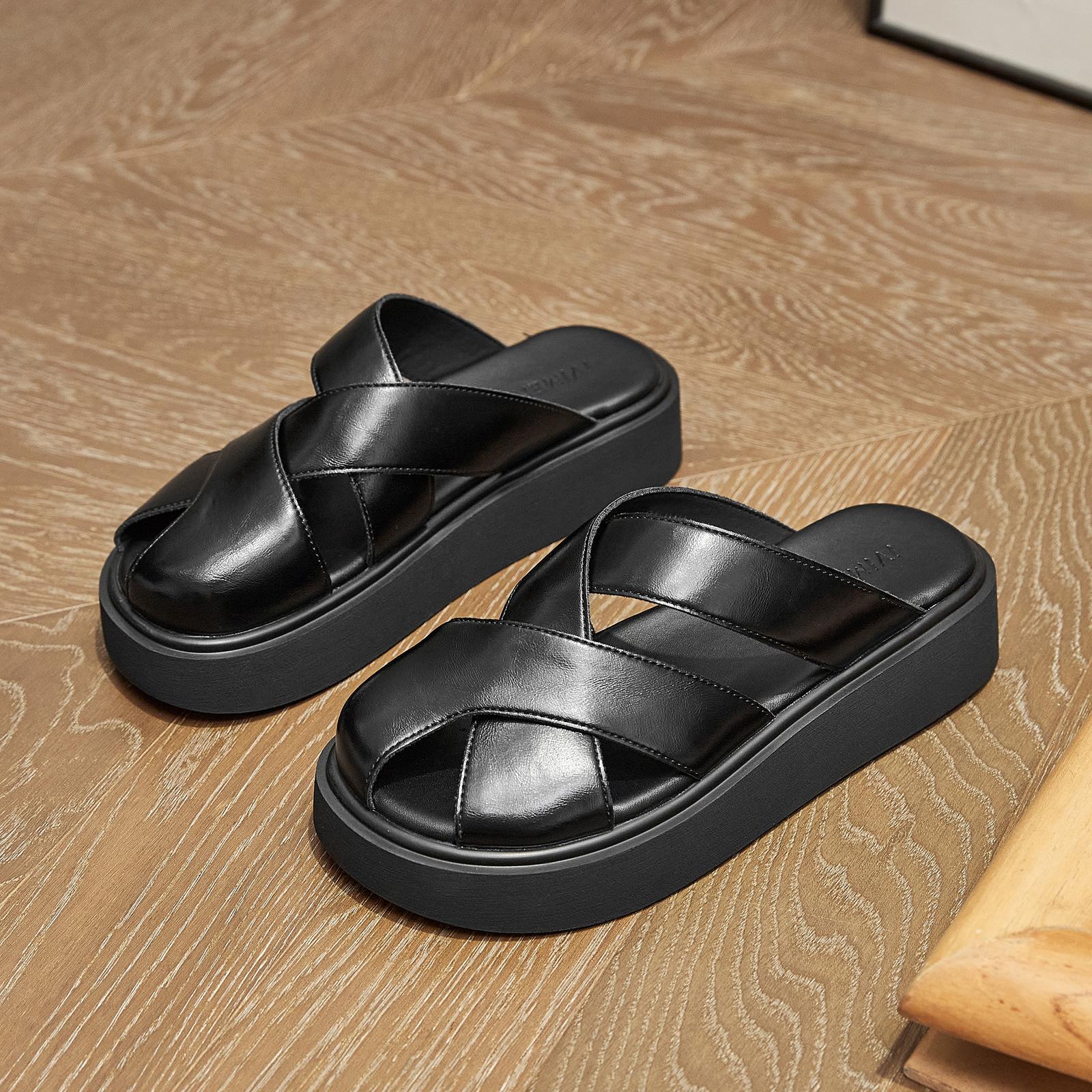 

Baotou slippers women s summer new outer wear woven hollow thick bottom heightening casual versatile leather cool slippers 39 чёрный