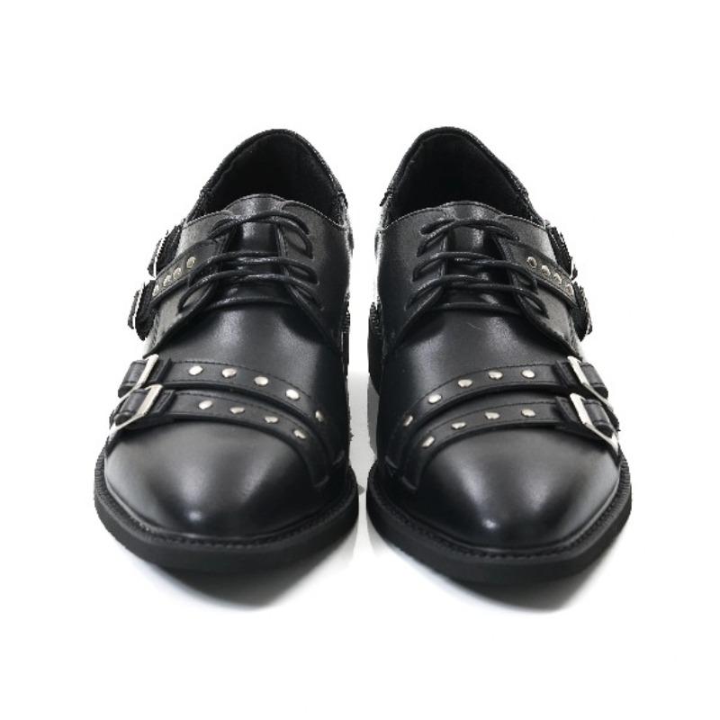 Fashion Retro Black Narrow Band Design Low Heel Pumps Women Fashion Metal Rivet Buckle Decorate Loafers Elegant Commuting Office Shoes