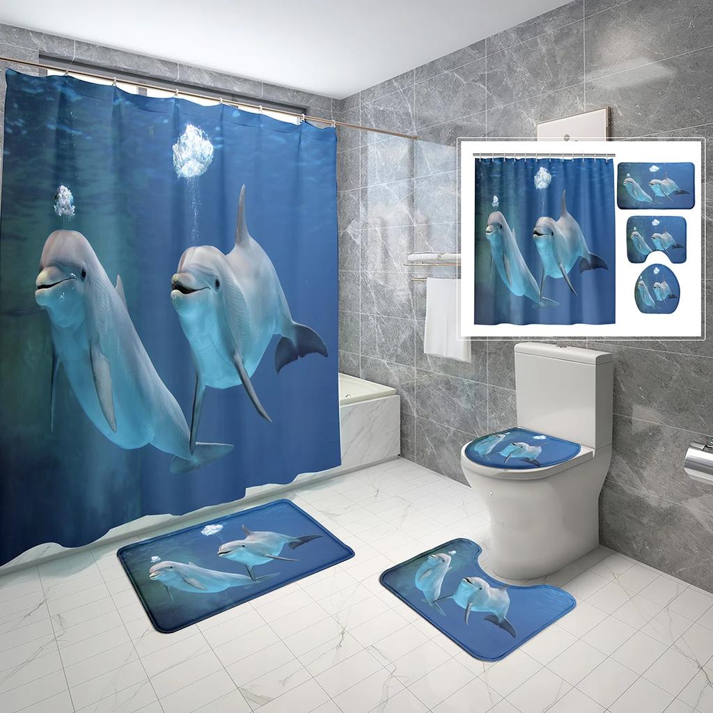 4 Sets Dolphin Shower Curtain Sets With Non-Slip Bath Mat,Toilet Lid Cover And Ocean Animals Blue Sea World Shower Curtain Set