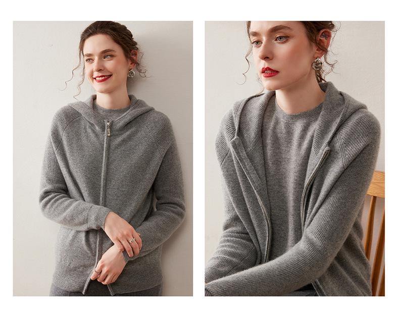 Felpa con cappuccio da donna in maglia di cashmere con zip - Morbida, delicata sulla pelle, spessa, cardigan tinta unita per Autunno/Inverno