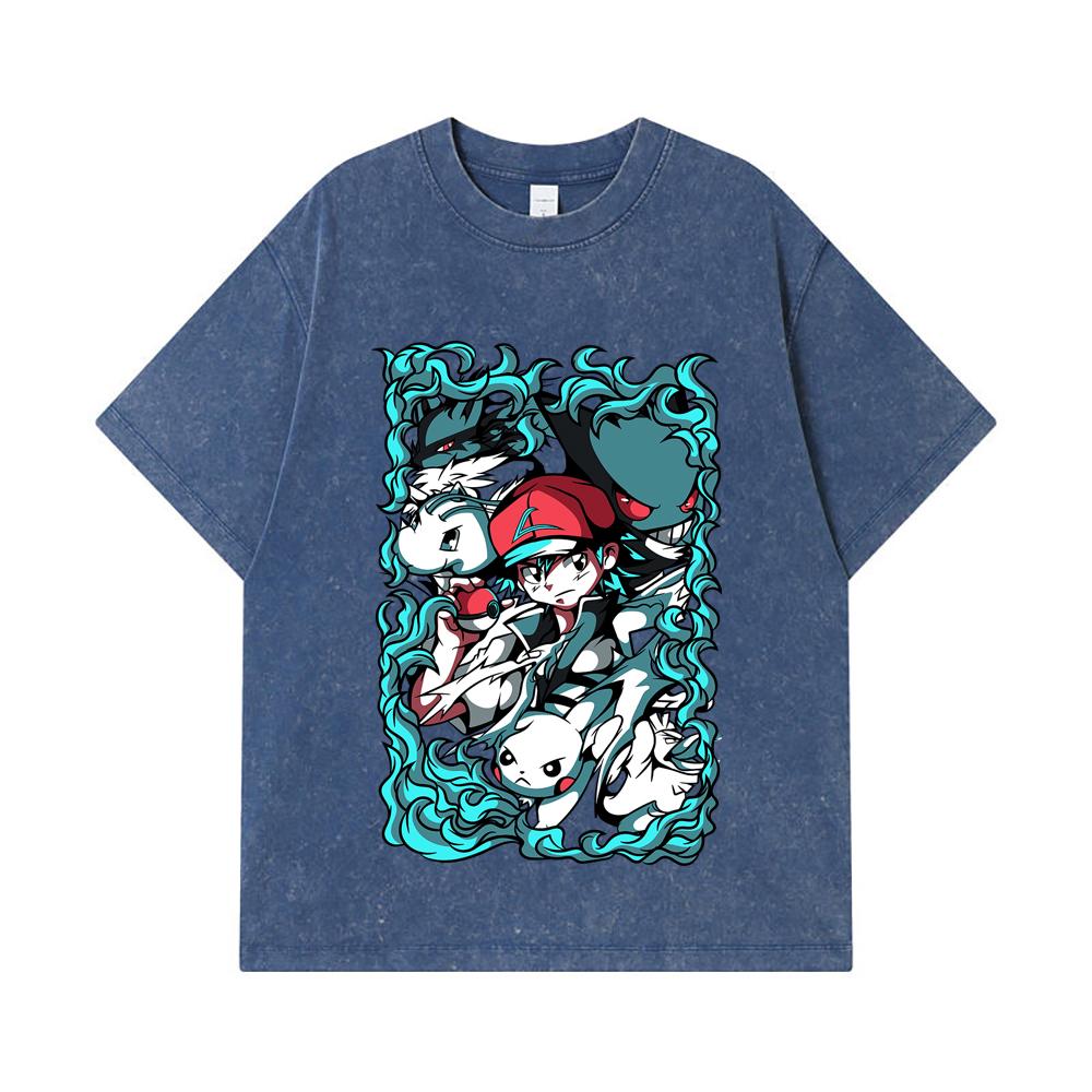 275 GSM Washed T-shirts 100% Cotton Pokemon V26 Print Unisex Heavy Cotton T Shirt