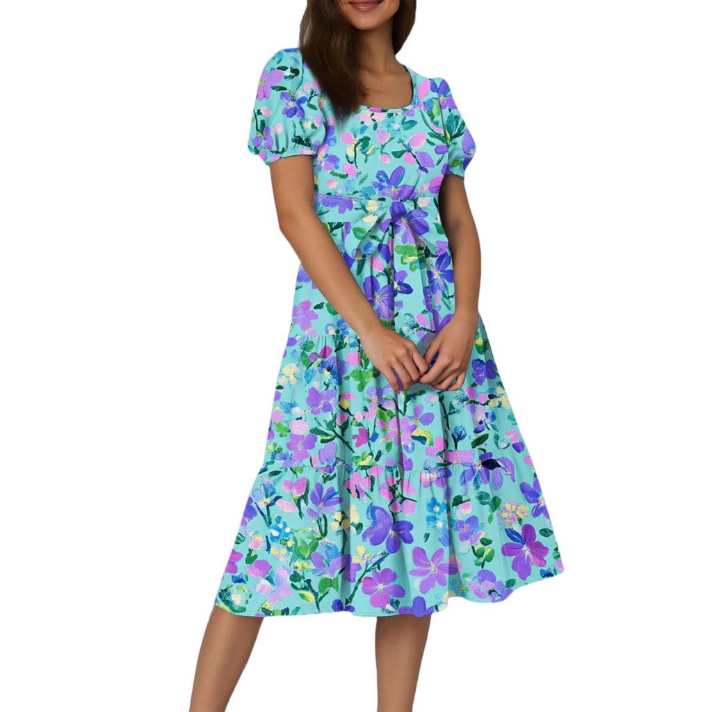 Women's Summer Floral Print Short Sleeves Neck Waistband Bohemian Flowy Maxi Dress With Pockets