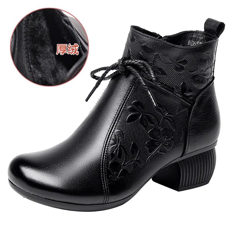 Retro Leather Single Boots for Women's Autumn and Winter New Medium Thick Heel Round Head Non-slip Martin Boots Embossed Warm Short Boots for Women
