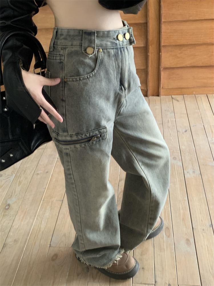 American 2000s Vintage Cargo Jeans Women High Waist Vintage Y2k Harajuku Denim Trousers Female Retro Fashion 90s Casual Wide Pants