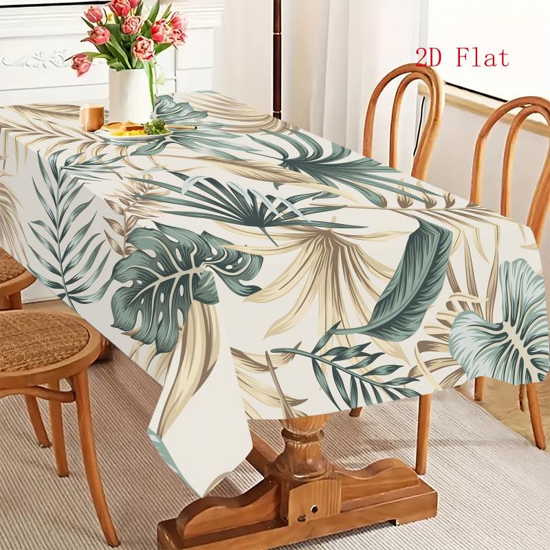 2D Flat 1pc Fresh Tropical Plant Print Tablecloth, Polyester Material, Milky White Background with Morandi-Toned Monstera And Palm Leaves, Suitable Fo