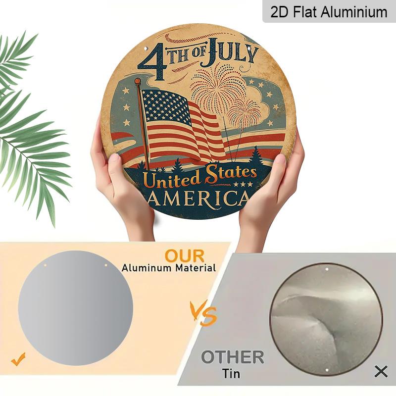 2D Flat, 1pc Round Aluminum Hanging Sign - Vintage 4th of July Patriotic Metal Wall Art, Retro USA Flag & Firework Design, Perfect for Independence