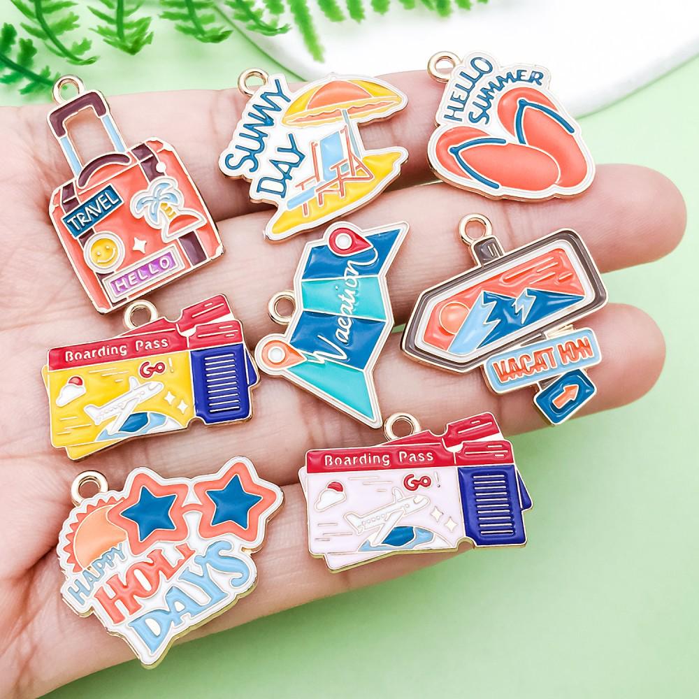 Colorful Enamel Cartoon Beach Charms for DIY Jewelry - Summer Travel Style, Set of 10